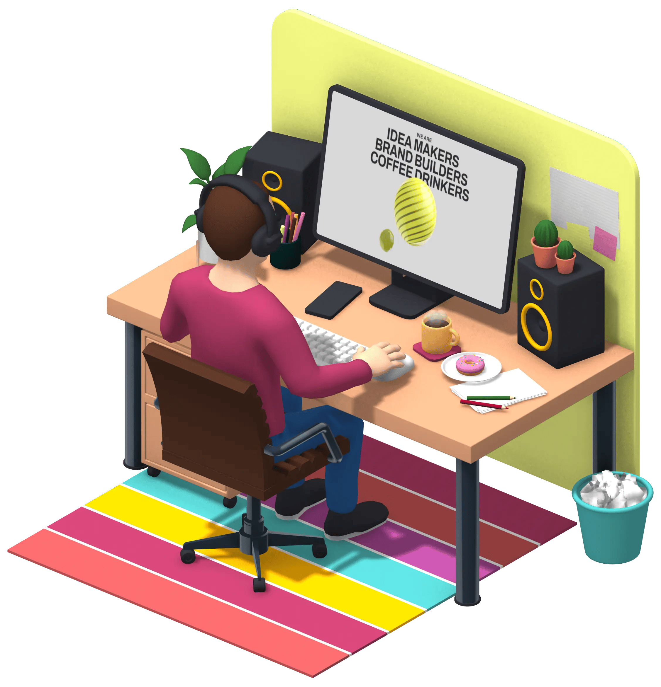 3D animation of a designer sat at their desk working and bobbing head to music